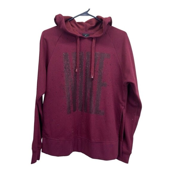 Nike Dri-Fit Pullover Hoodie  Women XS Maroon Oversize Glitter Logo Sides Slits - Picture 2 of 13